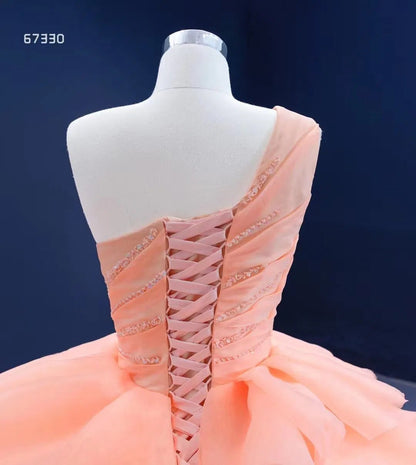 Peach Tiered Ruffle Ball Gown Prom Dresses One Shoulder Quince Dress 67330 viniodress-Quinceanera Dresses 2025 -Viniodress-Peach-Custom Size-