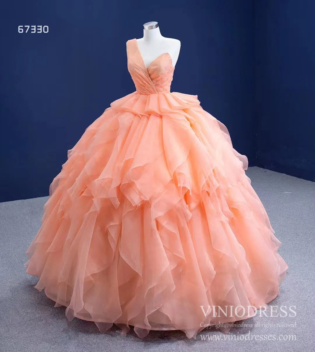 Quinceanera Dresses 2025 Peach Tiered Ruffle Ball Gown Prom Dresses One Shoulder Quince Dress 67330 viniodress-plus size wedding dresses Viniodress-Peach-Custom Size-