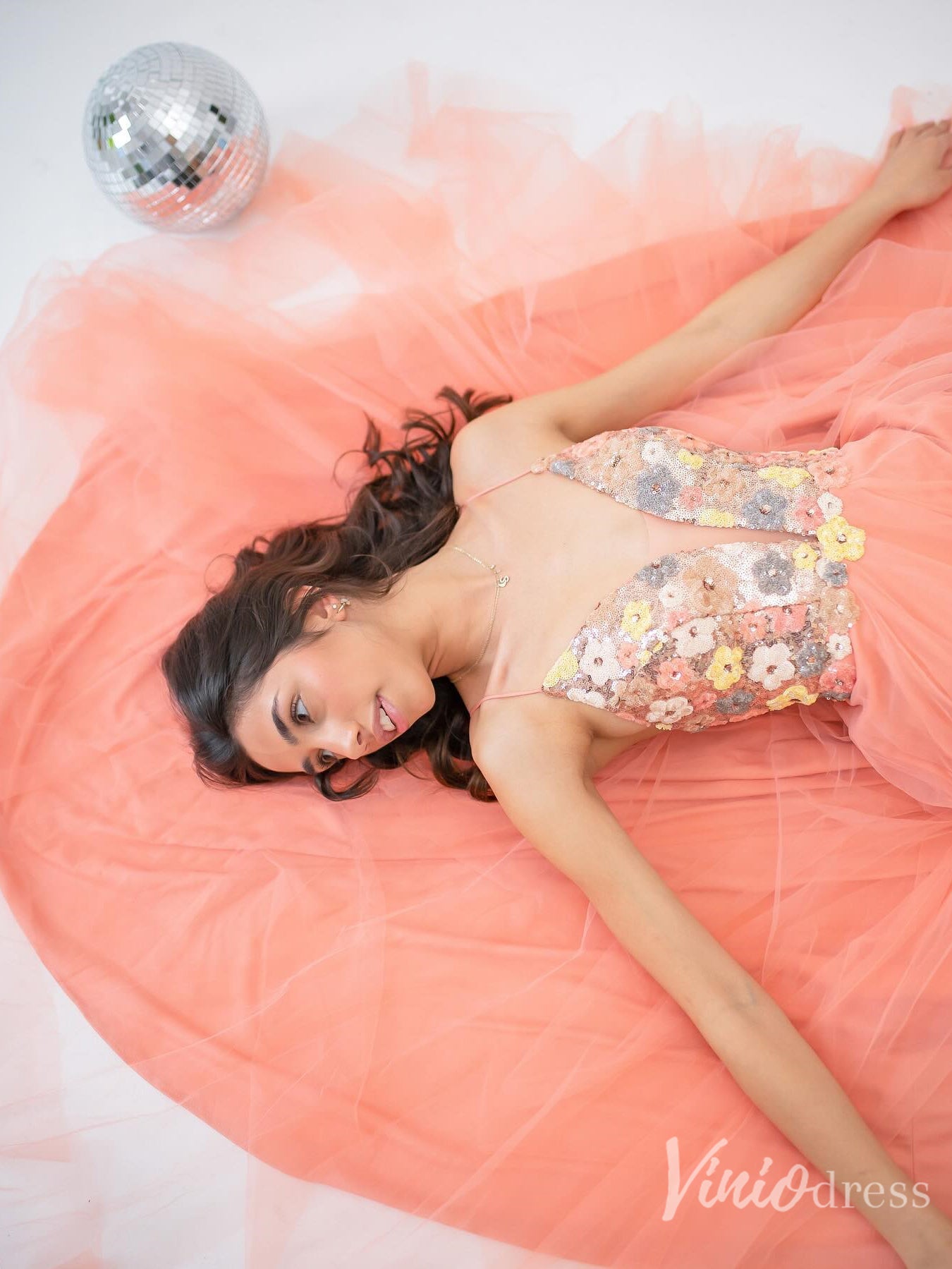 Peach Tulle Prom Dress with 3D Floral Sequin Bodice & Slit – FD6120-prom dresses 2025 -Viniodress-Peach-Custom Size-