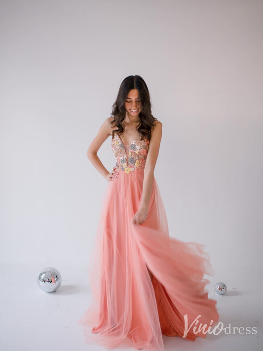 Peach Tulle Prom Dress with 3D Floral Sequin Bodice & Slit – FD6120-prom dresses 2025 -Viniodress-Peach-Custom Size-