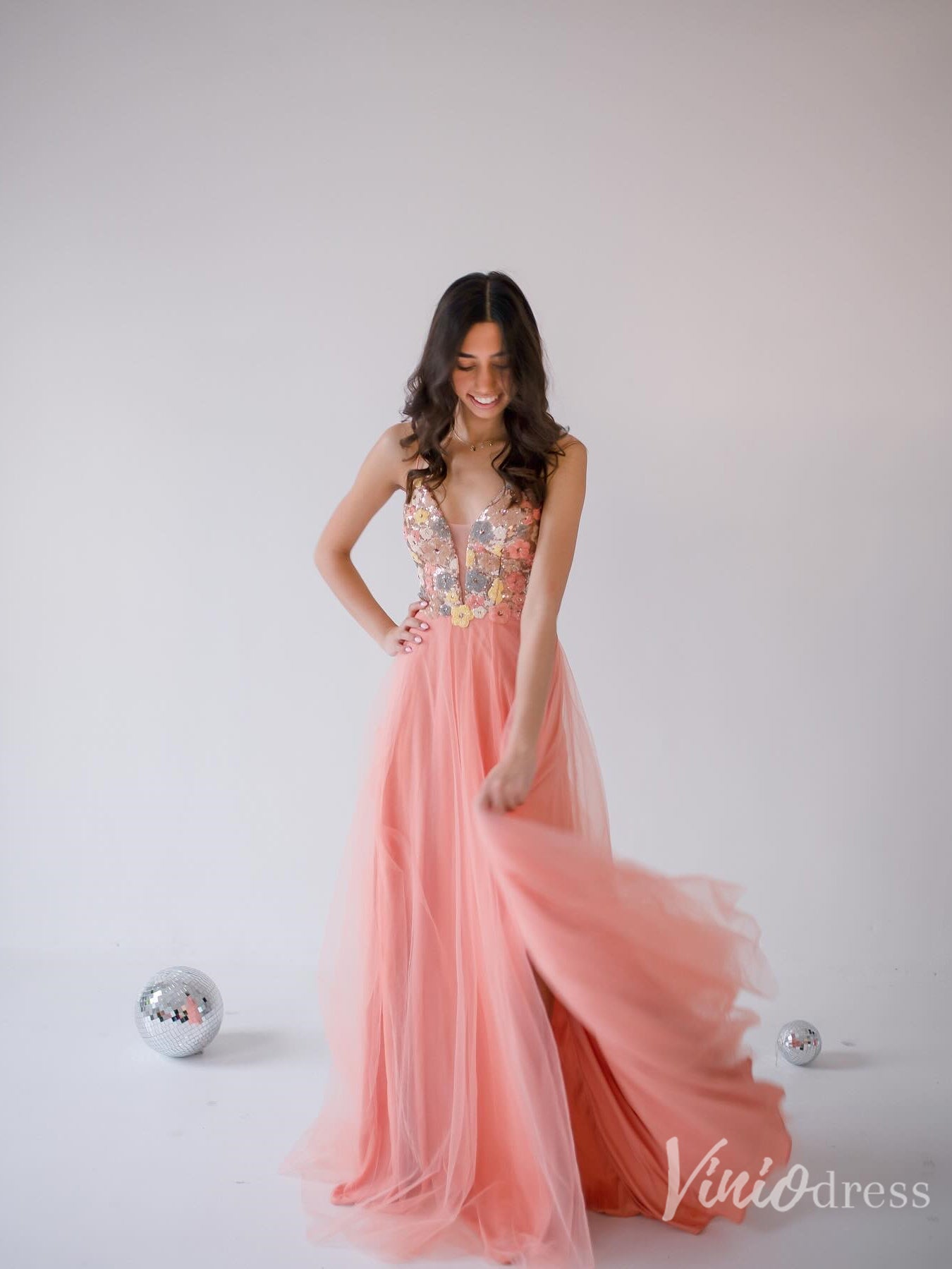 Peach Tulle Prom Dress with 3D Floral Sequin Bodice & Slit – FD6120-prom dresses 2025 -Viniodress-Peach-Custom Size-