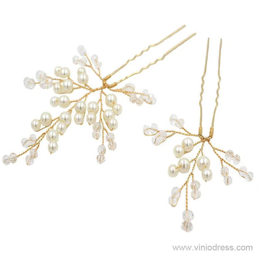 Pearl and Crystal Sprig Gold Hairpins Set ACC1136-Headpieces 2025 -Viniodress-Hairpins-