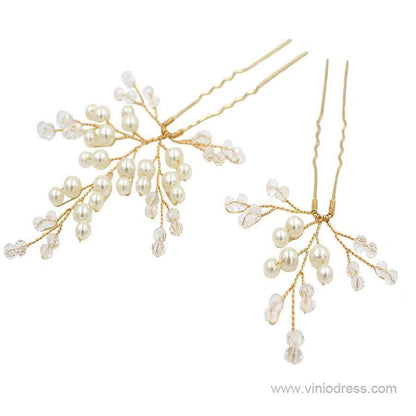 Pearl and Crystal Sprig Gold Hairpins Set ACC1136-Headpieces 2025 -Viniodress-Hairpins-