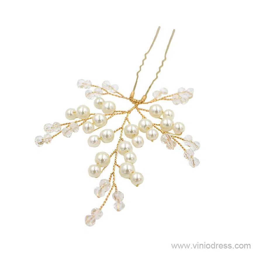 Pearl and Crystal Sprig Gold Hairpins Set ACC1136-Headpieces 2025 -Viniodress-Hairpins-