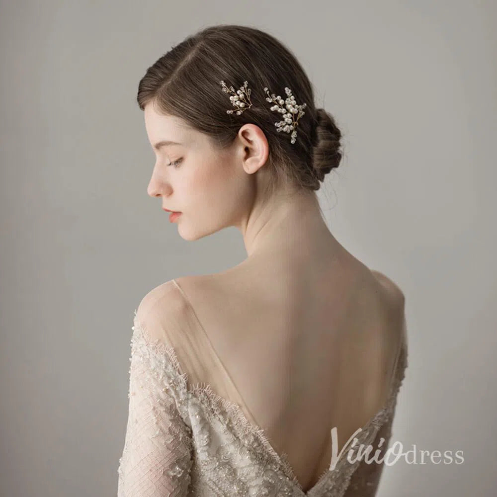 Pearl and Crystal Sprig Gold Hairpins Set ACC1136-Headpieces-Viniodress-Hairpins-Viniodress