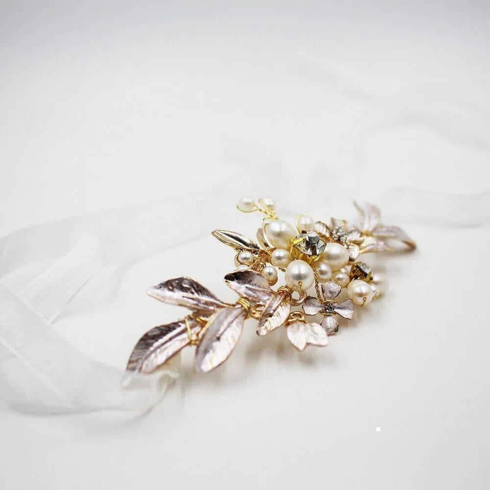 Pearl and Leaf Gold Corsage Bracelet AC1093-Bridal Jewelry 2025 -Viniodress-As Picture-