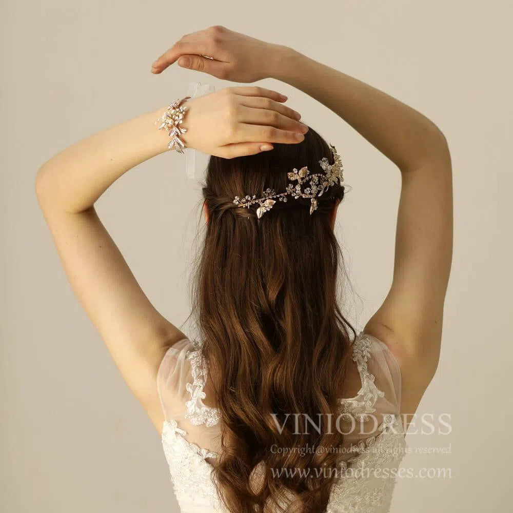 Pearl and Leaf Gold Corsage Bracelet AC1093-Bridal Jewelry 2025 -Viniodress-As Picture-