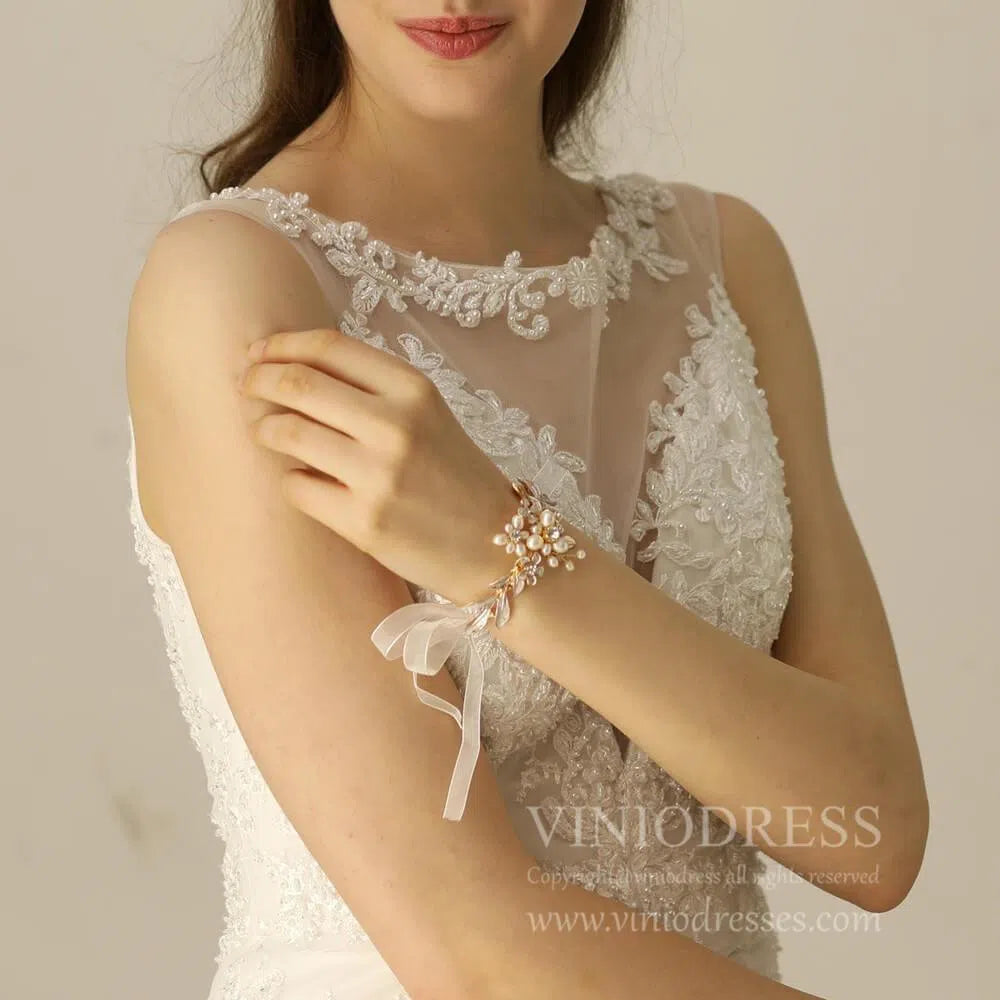 Pearl and Leaf Gold Corsage Bracelet AC1093-Bridal Jewelry 2025 -Viniodress-As Picture-