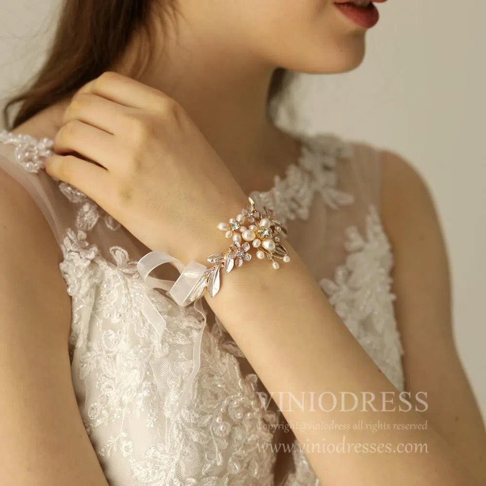 Pearl and Leaf Gold Corsage Bracelet AC1093-Bridal Jewelry 2025 -Viniodress-As Picture-