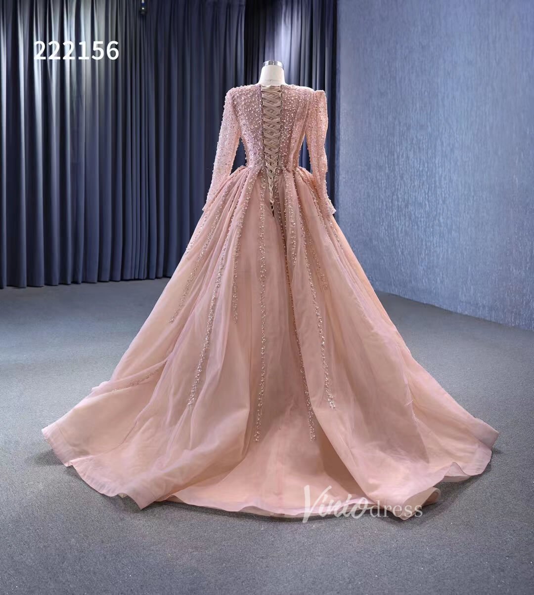 Pearl Beaded Long Sleeve Ball Gowns Pageant Dresses 222156-Quinceanera Dresses 2025 -Viniodress-Blush Pink-Custom Size-