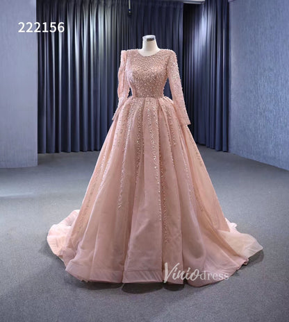 Pearl Beaded Long Sleeve Ball Gowns Pageant Dresses 222156-Quinceanera Dresses 2025 -Viniodress-Blush Pink-Custom Size-
