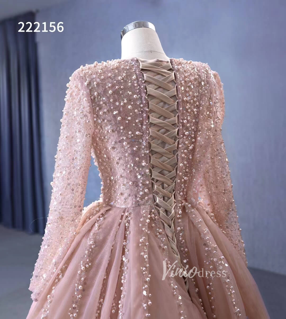 Pearl Beaded Long Sleeve Ball Gowns Pageant Dresses 222156-Quinceanera Dresses 2025 -Viniodress-Blush Pink-Custom Size-
