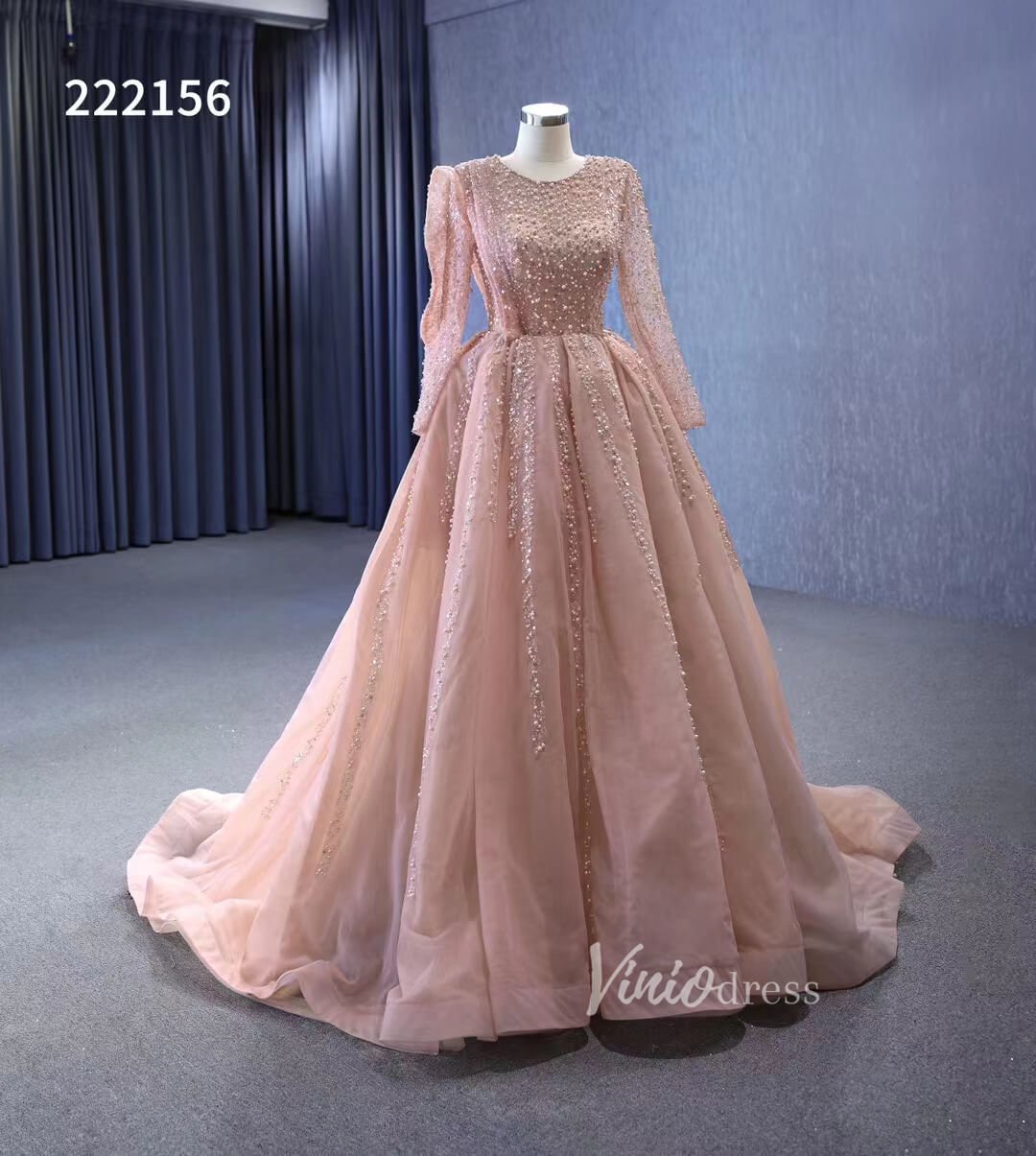 Pearl Beaded Long Sleeve Ball Gowns Pageant Dresses 222156-Quinceanera Dresses 2025 -Viniodress-Blush Pink-Custom Size-