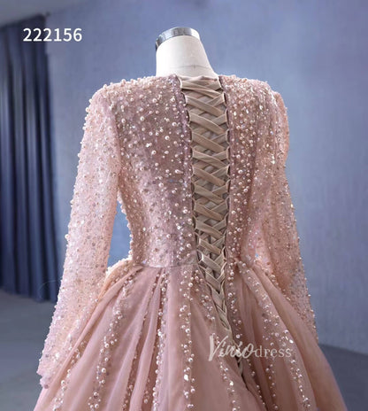 Pearl Beaded Long Sleeve Ball Gowns Pageant Dresses 222156-Quinceanera Dresses 2025 -Viniodress-Blush Pink-Custom Size-