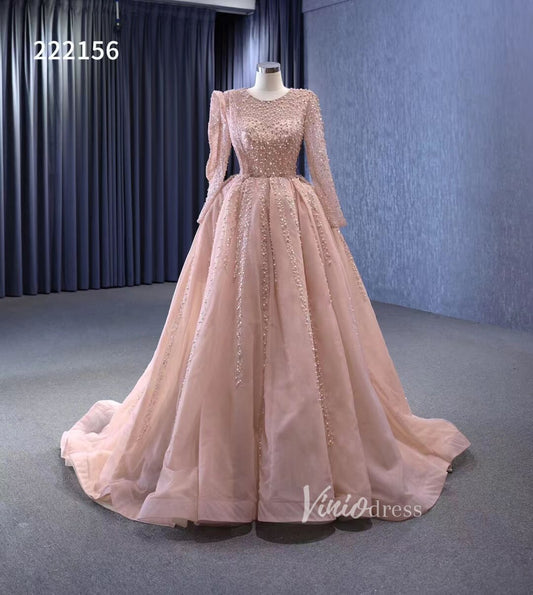 Pearl Beaded Long Sleeve Ball Gowns Pageant Dresses 222156-Quinceanera Dresses 2025 -Viniodress-Blush Pink-Custom Size-