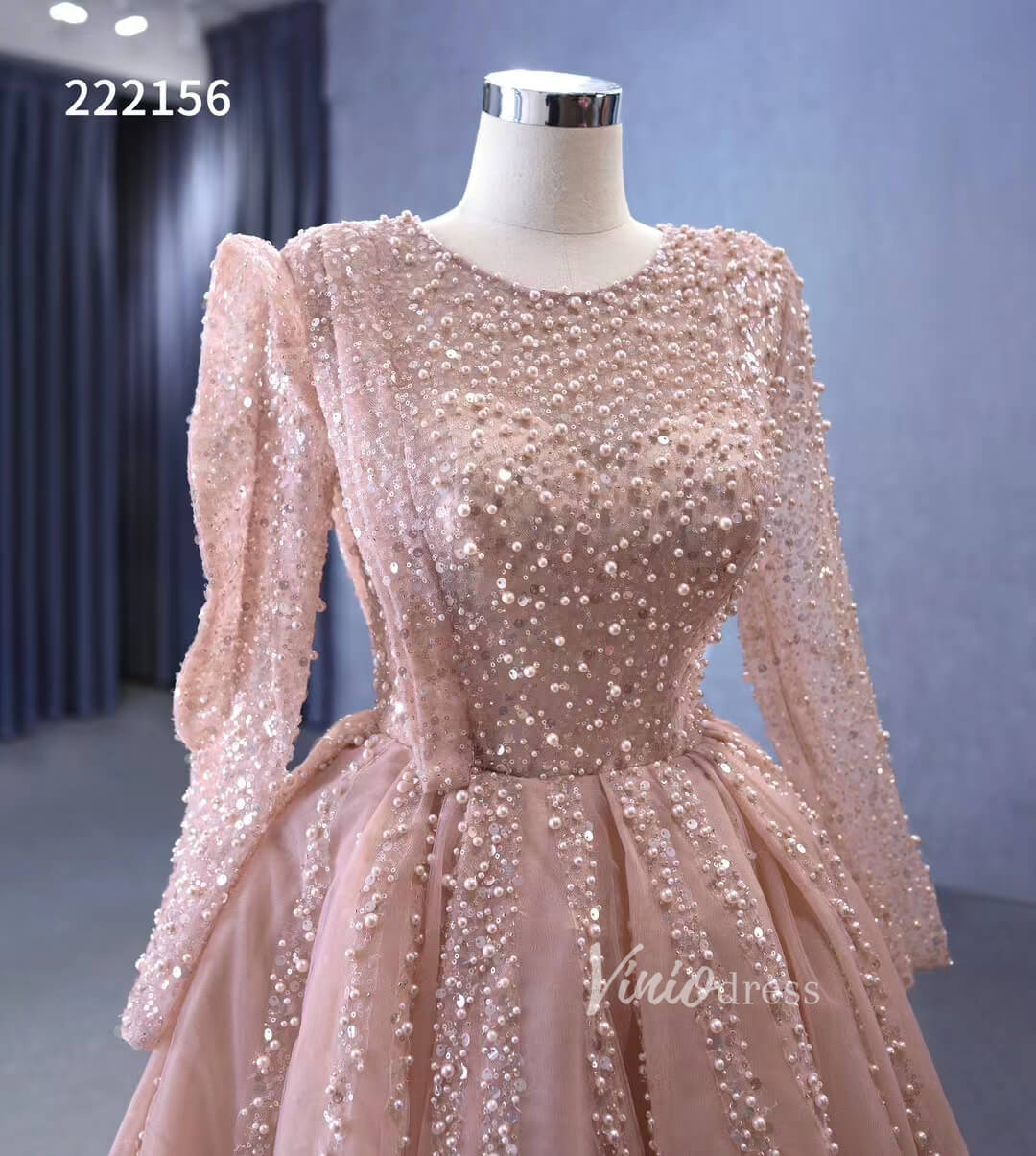 Pearl Beaded Long Sleeve Ball Gowns Pageant Dresses 222156-Quinceanera Dresses-Viniodress-Viniodress