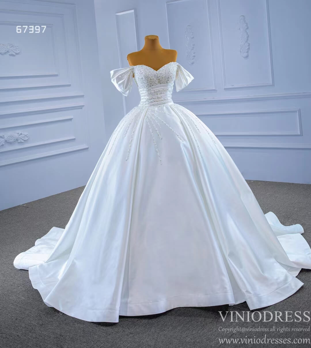 Pearl Beaded Luxury Arabic Wedding Dress Off the Shoulder Bridal Gown 67397-wedding dresses 2025 -Viniodress-Ivory-Custom Size-