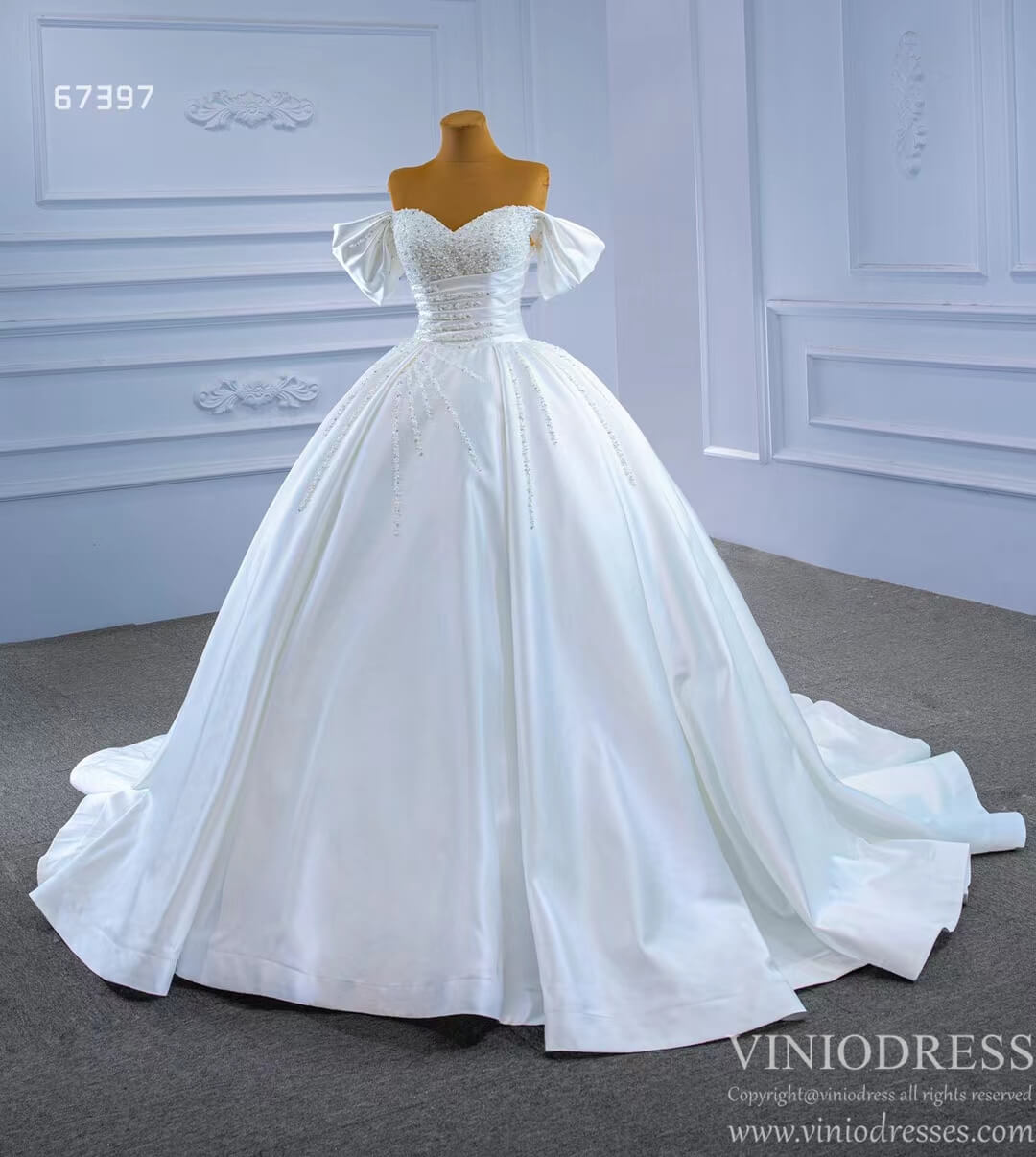 Pearl Beaded Luxury Arabic Wedding Dress Off the Shoulder Bridal Gown 67397-wedding dresses 2025 -Viniodress-Ivory-Custom Size-