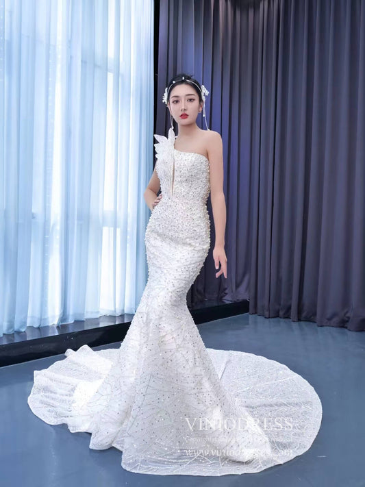 Pearl Beaded Mermaid Wedding Dresses One Shoulder 222206-wedding dresses 2025 -Viniodress-Ivory-Custom Size-