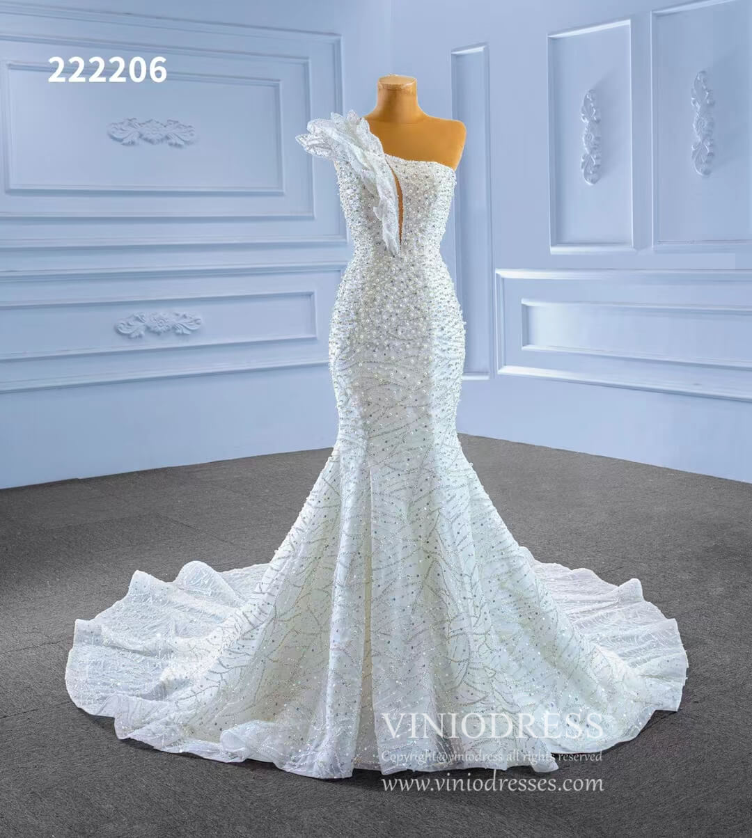 Pearl Beaded Mermaid Wedding Dresses One Shoulder 222206-wedding dresses 2025 -Viniodress-Ivory-Custom Size-