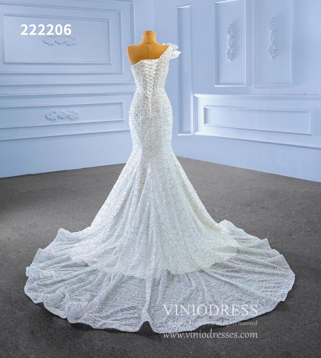 Pearl Beaded Mermaid Wedding Dresses One Shoulder 222206-wedding dresses 2025 -Viniodress-Ivory-Custom Size-