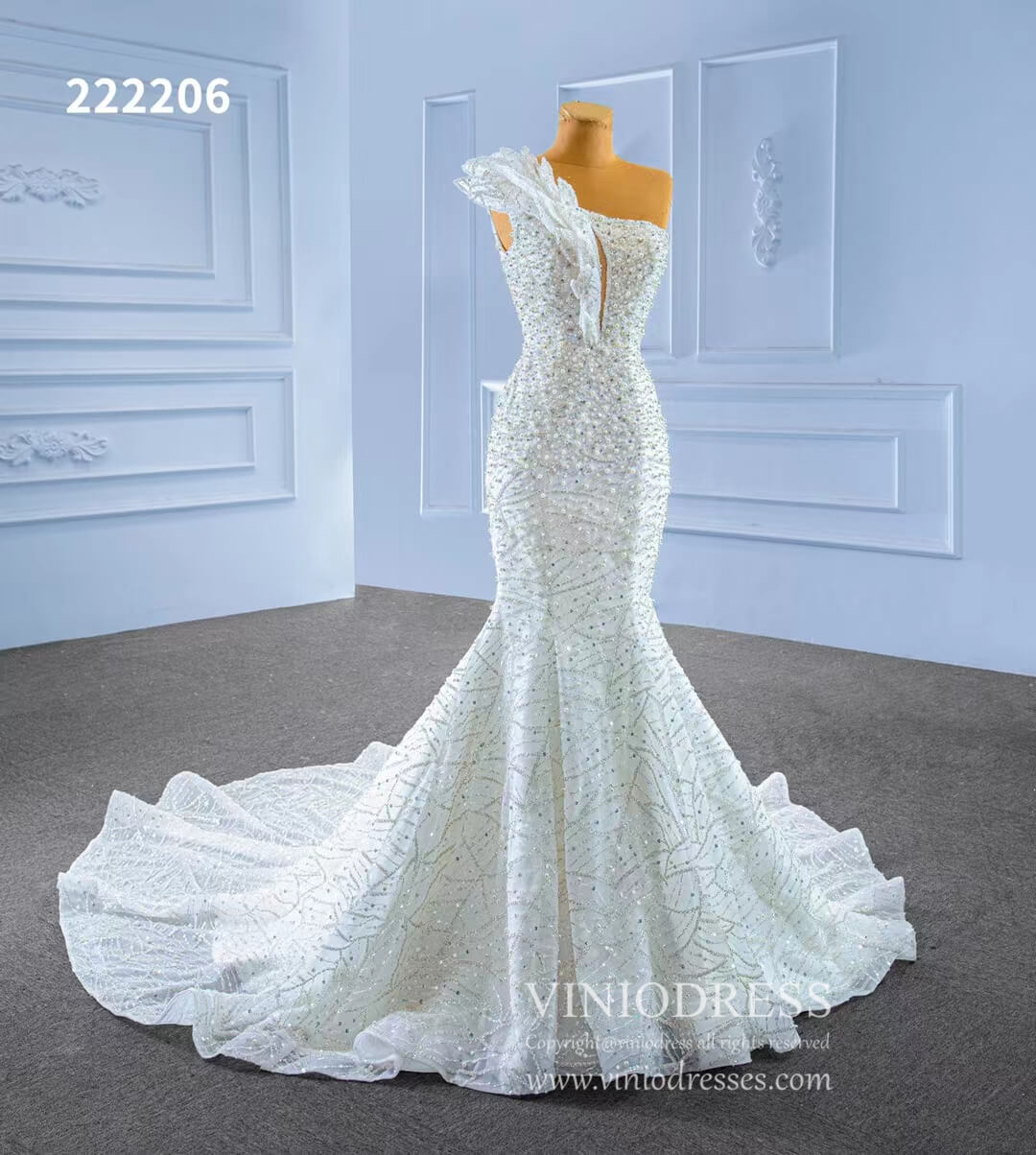 Pearl Beaded Mermaid Wedding Dresses One Shoulder 222206-wedding dresses 2025 -Viniodress-Ivory-Custom Size-