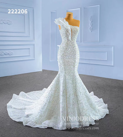 Pearl Beaded Mermaid Wedding Dresses One Shoulder 222206-wedding dresses 2025 -Viniodress-Ivory-Custom Size-
