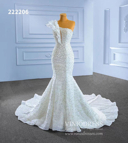 Pearl Beaded Mermaid Wedding Dresses One Shoulder 222206-wedding dresses 2025 -Viniodress-Ivory-Custom Size-