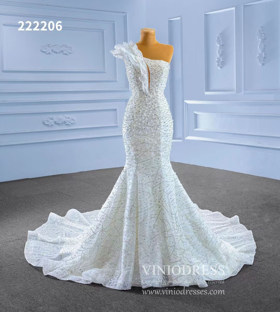 Pearl Beaded Mermaid Wedding Dresses One Shoulder 222206-wedding dresses-Viniodress-Viniodress