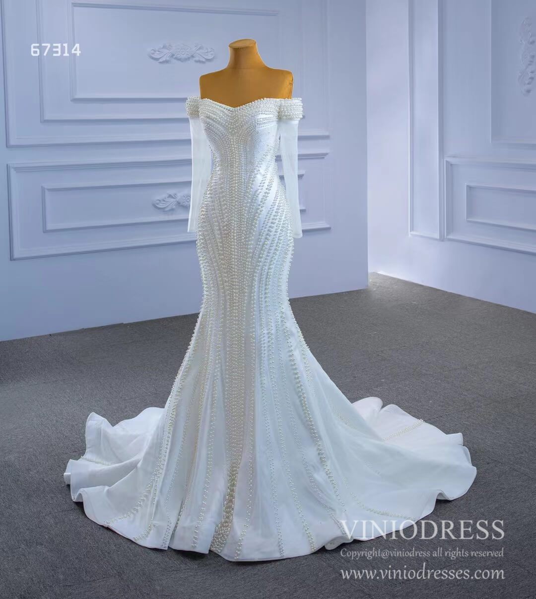 Pearl Beaded Mermaid Wedding Dresses with Long Sleeves Viniodress 67314-wedding dresses 2025 -Viniodress-As Picture-Custom Size-