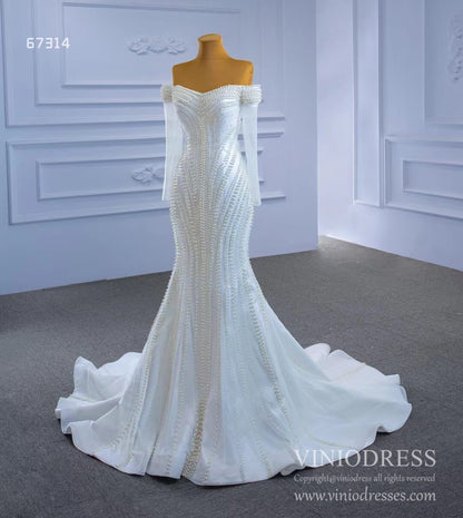 Pearl Beaded Mermaid Wedding Dresses with Long Sleeves Viniodress 67314-wedding dresses 2025 -Viniodress-As Picture-Custom Size-