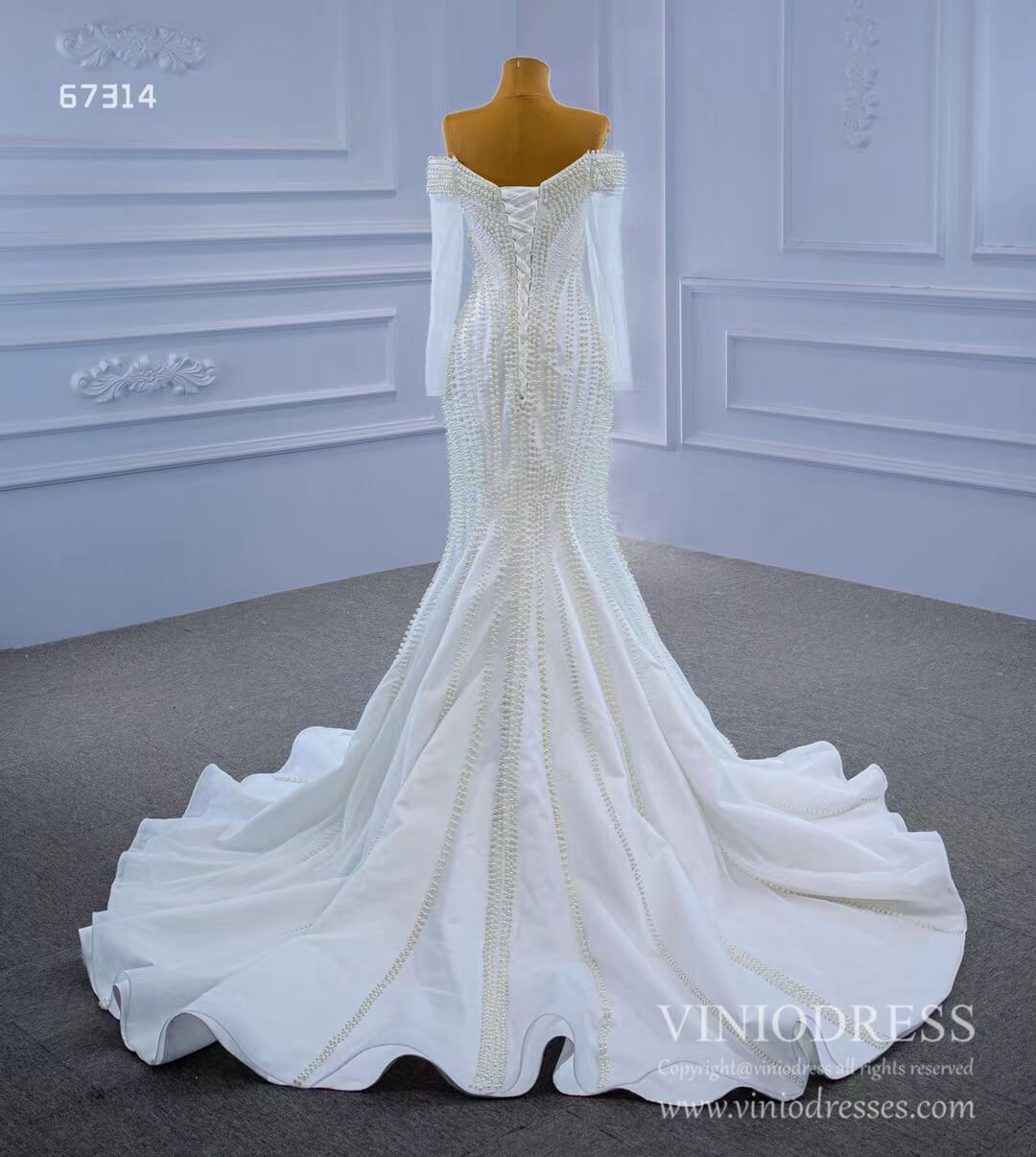 Pearl Beaded Mermaid Wedding Dresses with Long Sleeves Viniodress 67314-wedding dresses 2025 -Viniodress-As Picture-Custom Size-