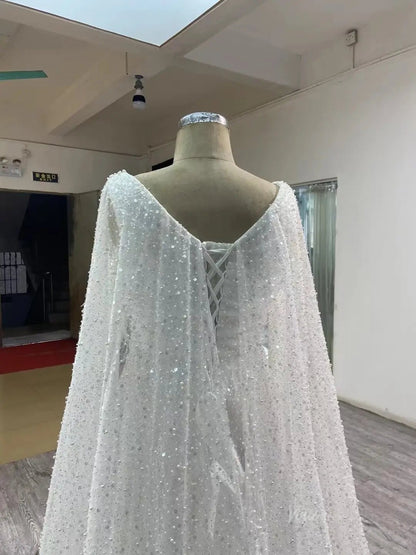 Pearl Feather Sheath Wedding Dresses with Cape 67305-wedding dresses 2025 -Viniodress-Champagne-Custom Size-