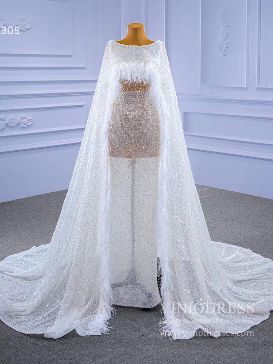Pearl Feather Sheath Wedding Dresses with Cape 67305-wedding dresses 2025 -Viniodress-Champagne-Custom Size-