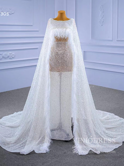 Pearl Feather Sheath Wedding Dresses with Cape 67305-wedding dresses 2025 -Viniodress-Champagne-Custom Size-
