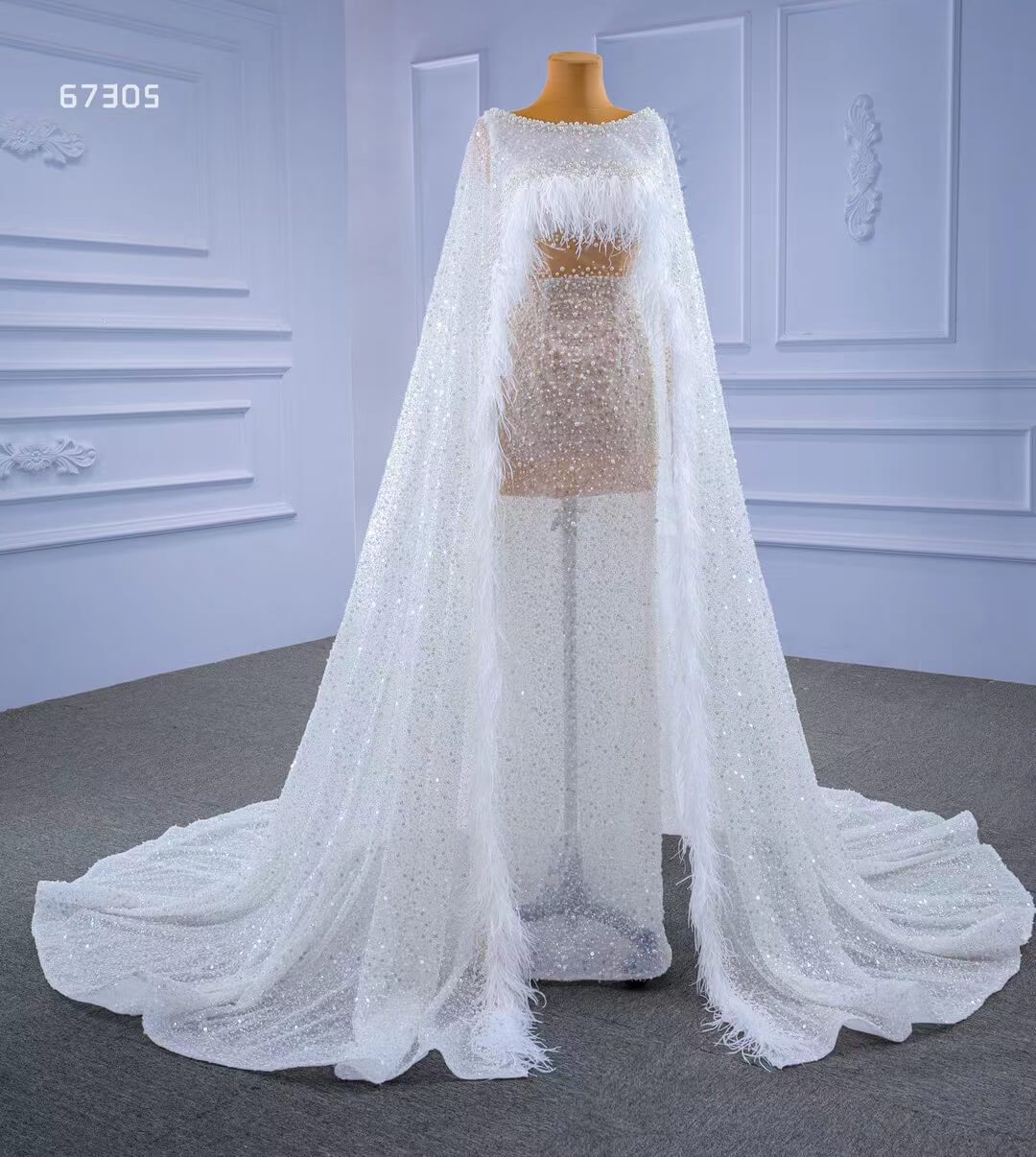 Pearl Feather Sheath Wedding Dresses with Cape 67305-wedding dresses 2025 -Viniodress-Champagne-Custom Size-
