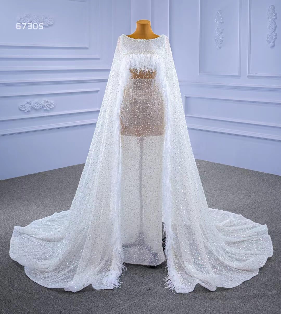 Pearl Feather Sheath Wedding Dresses with Cape 67305-wedding dresses 2025 -Viniodress-Champagne-Custom Size-