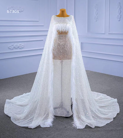 Pearl Feather Sheath Wedding Dresses with Cape 67305-wedding dresses 2025 -Viniodress-Champagne-Custom Size-