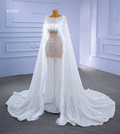 Pearl Feather Sheath Wedding Dresses with Cape 67305-wedding dresses 2025 -Viniodress-Champagne-Custom Size-