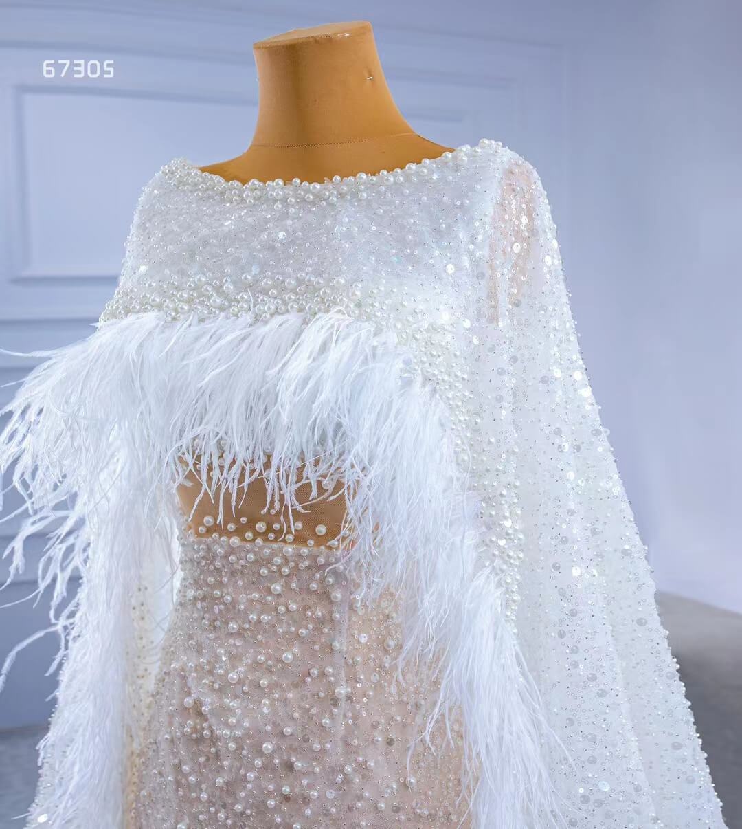 Pearl Feather Sheath Wedding Dresses with Cape 67305-wedding dresses 2025 -Viniodress-Champagne-Custom Size-