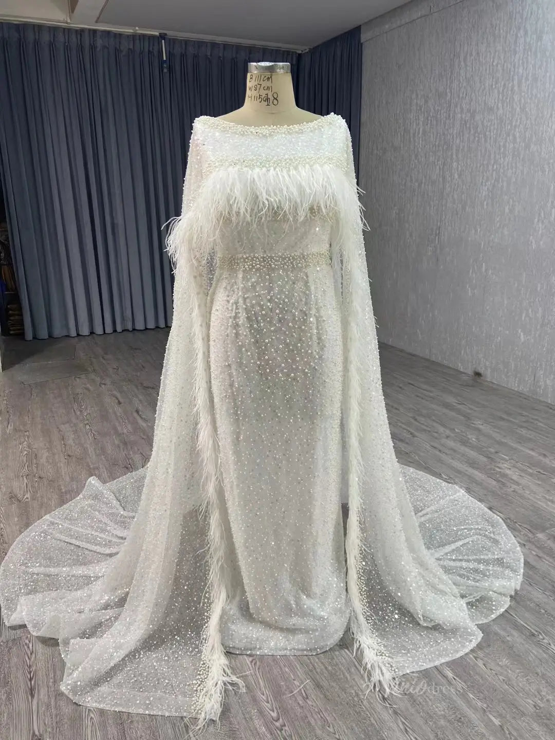 Pearl Feather Sheath Wedding Dresses with Cape 67305-wedding dresses 2025 -Viniodress-Ivory-Custom Size-
