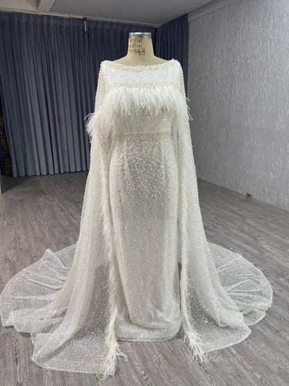 Pearl Feather Sheath Wedding Dresses with Cape 67305-wedding dresses 2025 -Viniodress-Ivory-Custom Size-