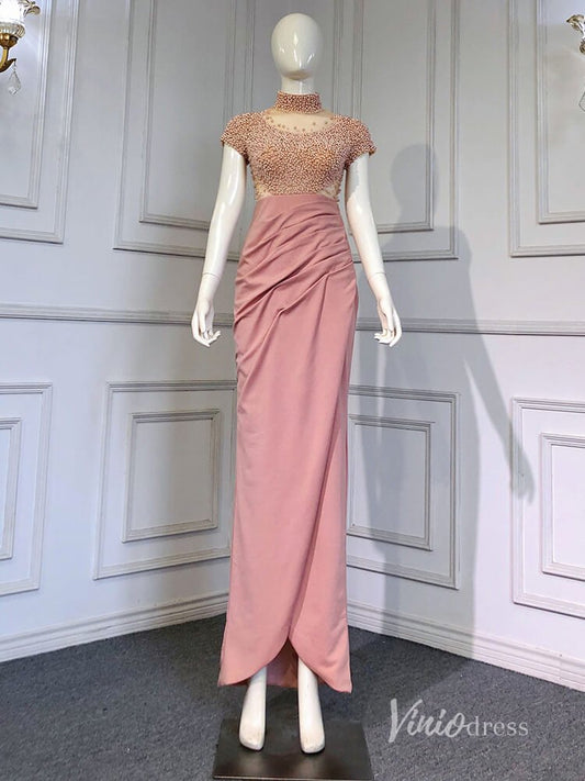 Pearl Mermaid Evening Dresses High Neck Mother of the Bride Dresses AD1131-Evening Dresses 2025 -Viniodress-Pink-US 2-