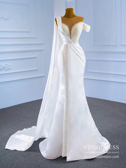 Pearl Mermaid Satin Watteau Wedding Dresses 67238-wedding dresses 2025 -Viniodress-Ivory-Custom Size-