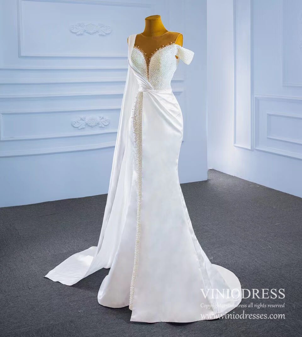 Pearl Mermaid Satin Watteau Wedding Dresses 67238-wedding dresses 2025 -Viniodress-Ivory-Custom Size-