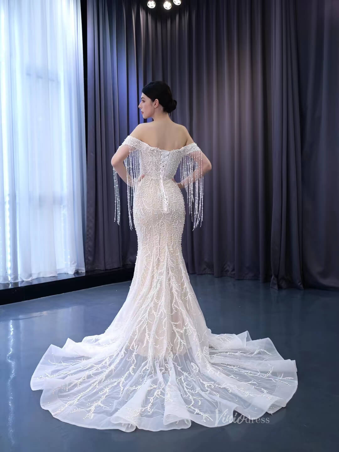 Pearl Mermaid Wedding Dresses Off the Shoulder Bridal Dress 222173-wedding dresses 2025 -Viniodress-Ivory-Custom Size-