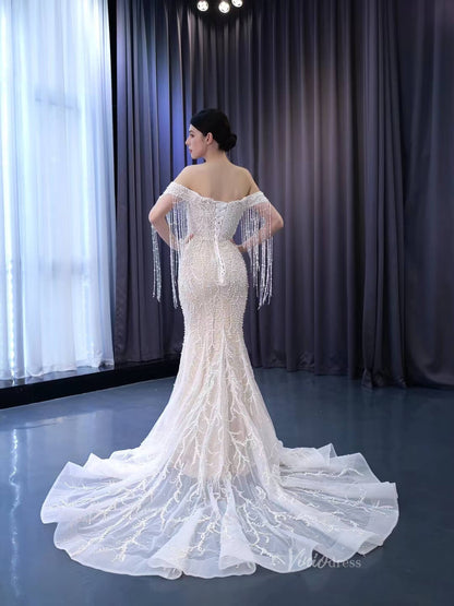 Pearl Mermaid Wedding Dresses Off the Shoulder Bridal Dress 222173-wedding dresses 2025 -Viniodress-Ivory-Custom Size-