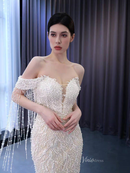 Pearl Mermaid Wedding Dresses Off the Shoulder Bridal Dress 222173-wedding dresses 2025 -Viniodress-Ivory-Custom Size-