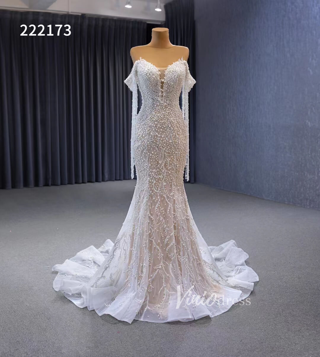 Pearl Mermaid Wedding Dresses Off the Shoulder Bridal Dress 222173-wedding dresses 2025 -Viniodress-Ivory-Custom Size-