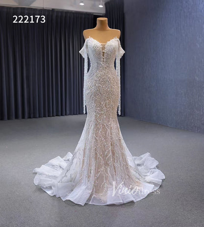 Pearl Mermaid Wedding Dresses Off the Shoulder Bridal Dress 222173-wedding dresses 2025 -Viniodress-Ivory-Custom Size-